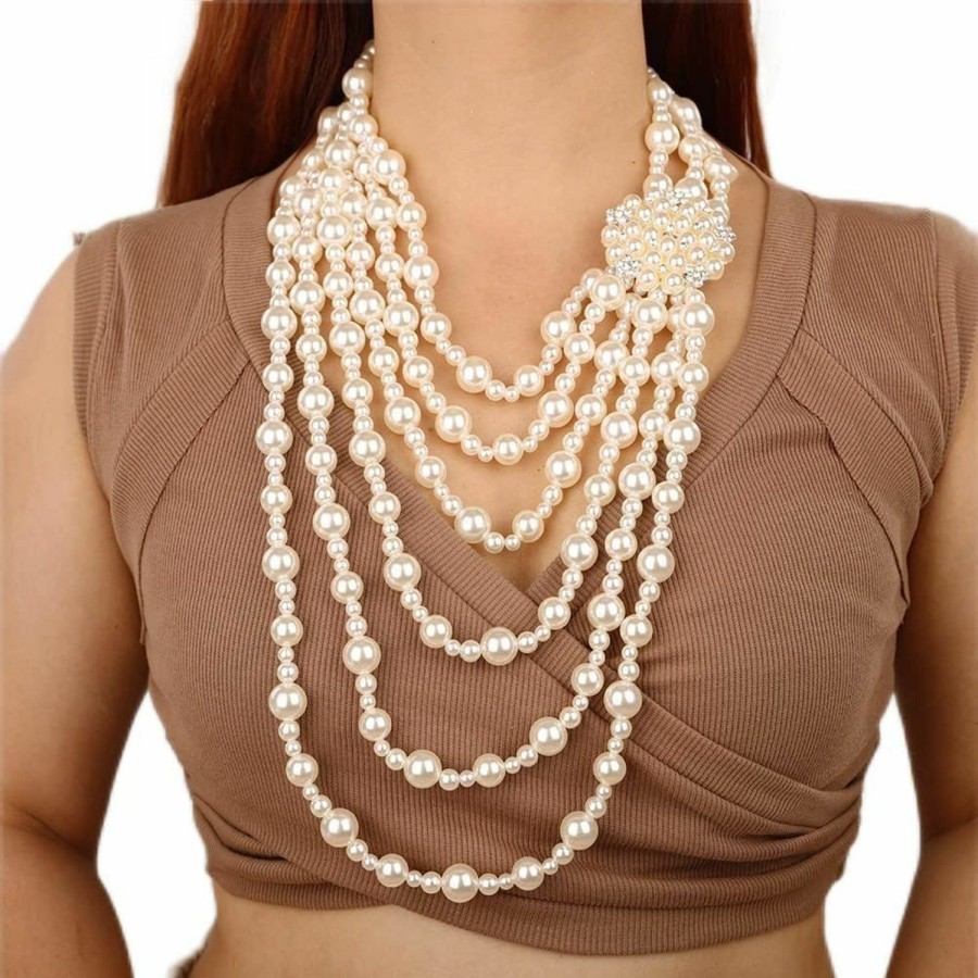 Wiwpar Wiwpar 1920S Gatsby Multilayer Faux Pearl Necklace Vintage Long Imitation Pearl Necklace With Brooch Earrings Set For Women Girls Vintage Bridal Jewelry Accessories Jewelry Sets