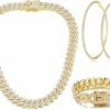 Krfy Krfy Cuban Link Chain Necklace Bracelet Rhinestone Hoop Earrings Set Bling Necklace Bracelet Crystal Big Circle Earrings For Women Girls Jewelry Sets