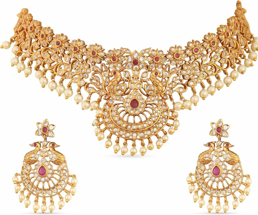 TARINIKA Tarinika Antique Gold Plated Tania Choker Set With Peacock Design - Indian Jewelry Sets For Women | Perfect For Ethnic Occasions | Traditional Indian Choker Jewelry Set | 1 Year Warranty* Jewelry Sets