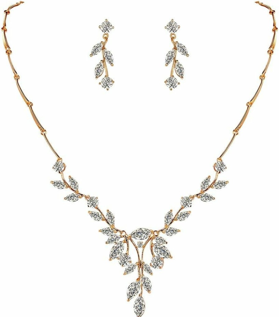 WeimanJewelry Weimanjewelry Women Marquise Cut Cubic Zirconia Leaf Bridal Y-Necklace And Dangling Earring Jewelry Set For Wedding Jewelry Sets