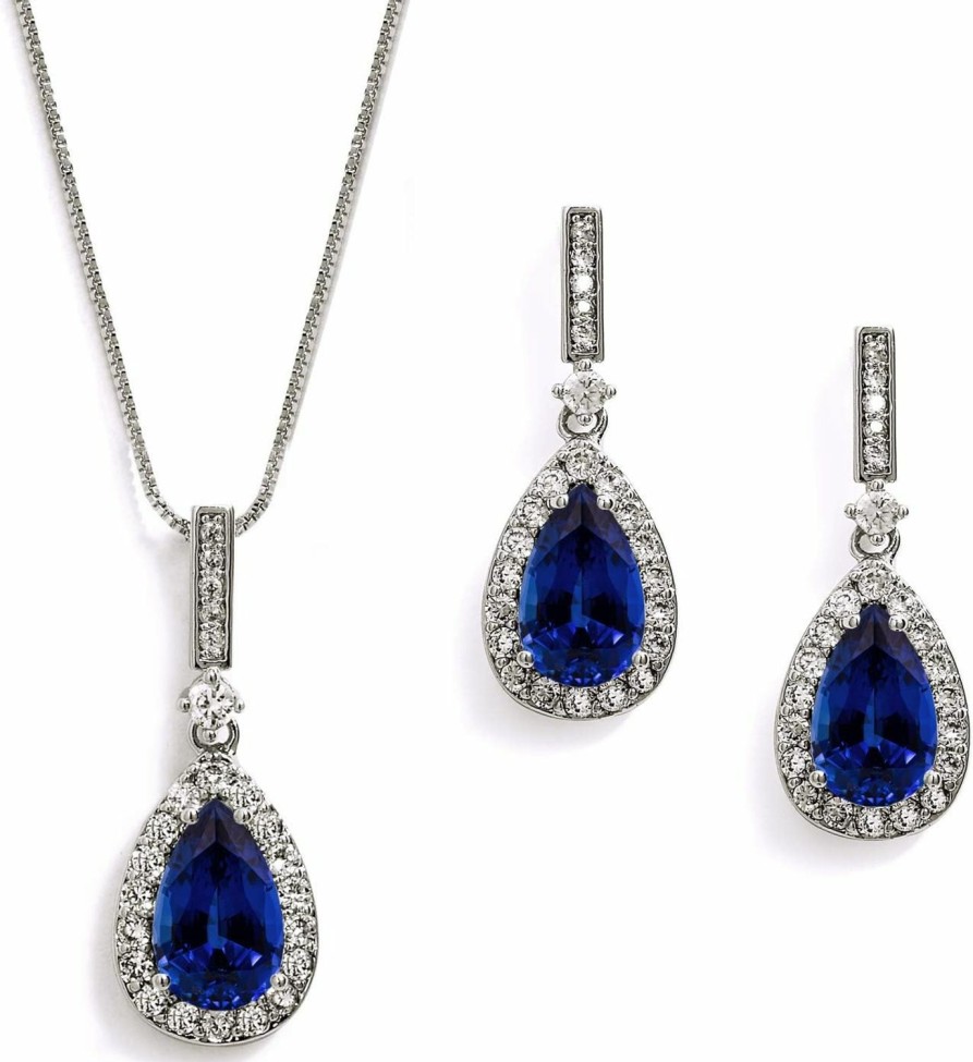 Mariell Mariell Bridal Wedding Necklace And Earring Set, Sapphire Blue Cz Pendant And Drop Earrings For Brides Jewelry Sets