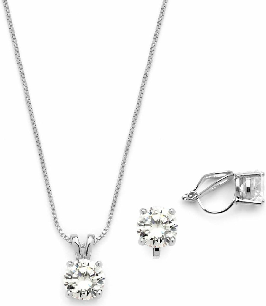 Mariell Mariell Platinum Plated Cubic Zirconia Jewelry Set - 2Cwt Round Pendant With Matching Clip-On Earrings Jewelry Sets