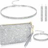 Sanwuta Sanwuta 4 Pcs Silver Clutch Purses For Women Evening Rhinestone Jewelry Set Necklace Earrings Bracelet Wedding Accessories Jewelry Sets