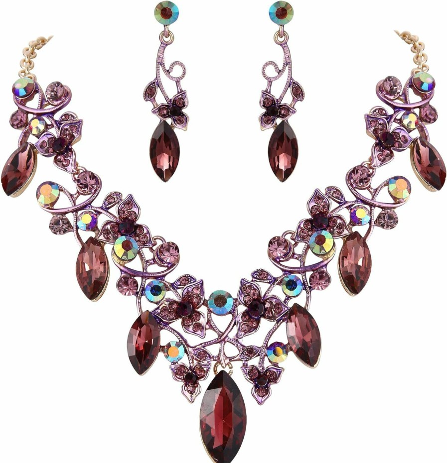 BriLove Brilove Women'S Costume Fashion Crystal Floral Vine Leaf Statement Necklace Dangle Earrings Set Jewelry Sets