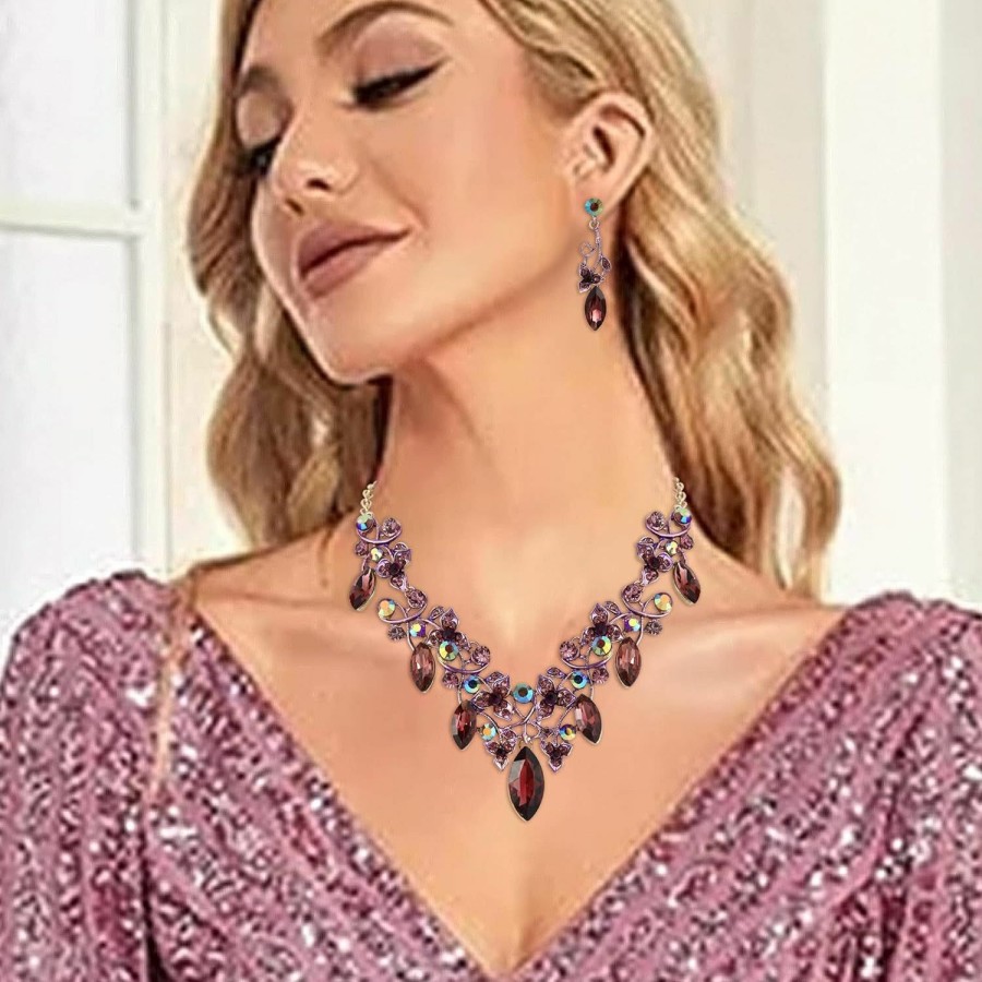 BriLove Brilove Women'S Costume Fashion Crystal Floral Vine Leaf Statement Necklace Dangle Earrings Set Jewelry Sets