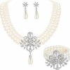 EleQueen Elequeen Women'S Silver-Tone Ivory Simulated Pearls Crystal Victorian Style Statement Necklace Earrings Bracelet Bridal Wedding Sets Jewelry Sets