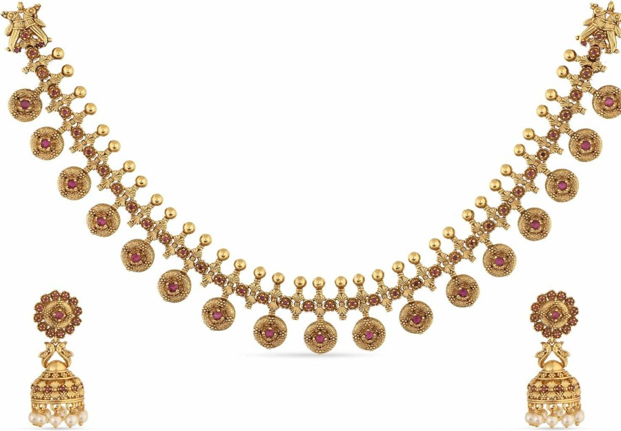 TARINIKA Tarinika Antique Gold Arpana Cz Short Necklace With Beads Design - Jewelry Set For Women Perfect For Ethnic Occasions | Indian Jewelry Sets For Women | 1 Year Warranty* Jewelry Sets