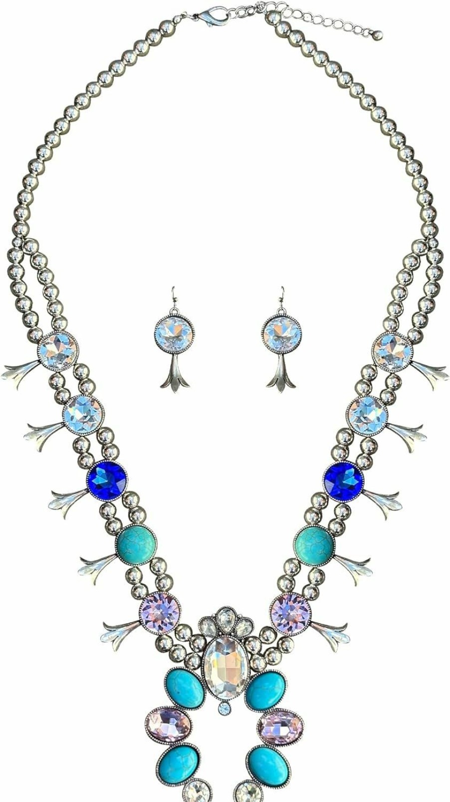 Wonderent Wonderent Western Boho Crystal Turquoise Squash Blossom Statement Necklace/W Earrings No.2338 Jewelry Sets