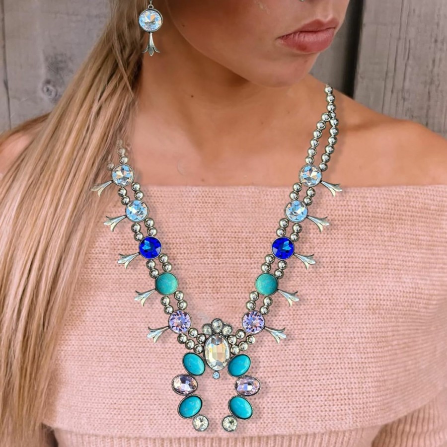 Wonderent Wonderent Western Boho Crystal Turquoise Squash Blossom Statement Necklace/W Earrings No.2338 Jewelry Sets