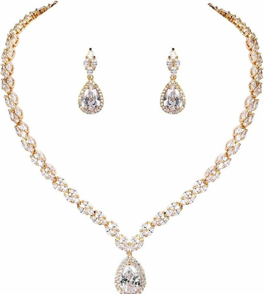 WeimanJewelry Weimanjewelry White Gold/Gold Plated Women Cubic Zirconia Cz Marquise Teardrop Bridal Tennis Necklace And Drop Earring Set For Wedding Brides Jewelry Sets