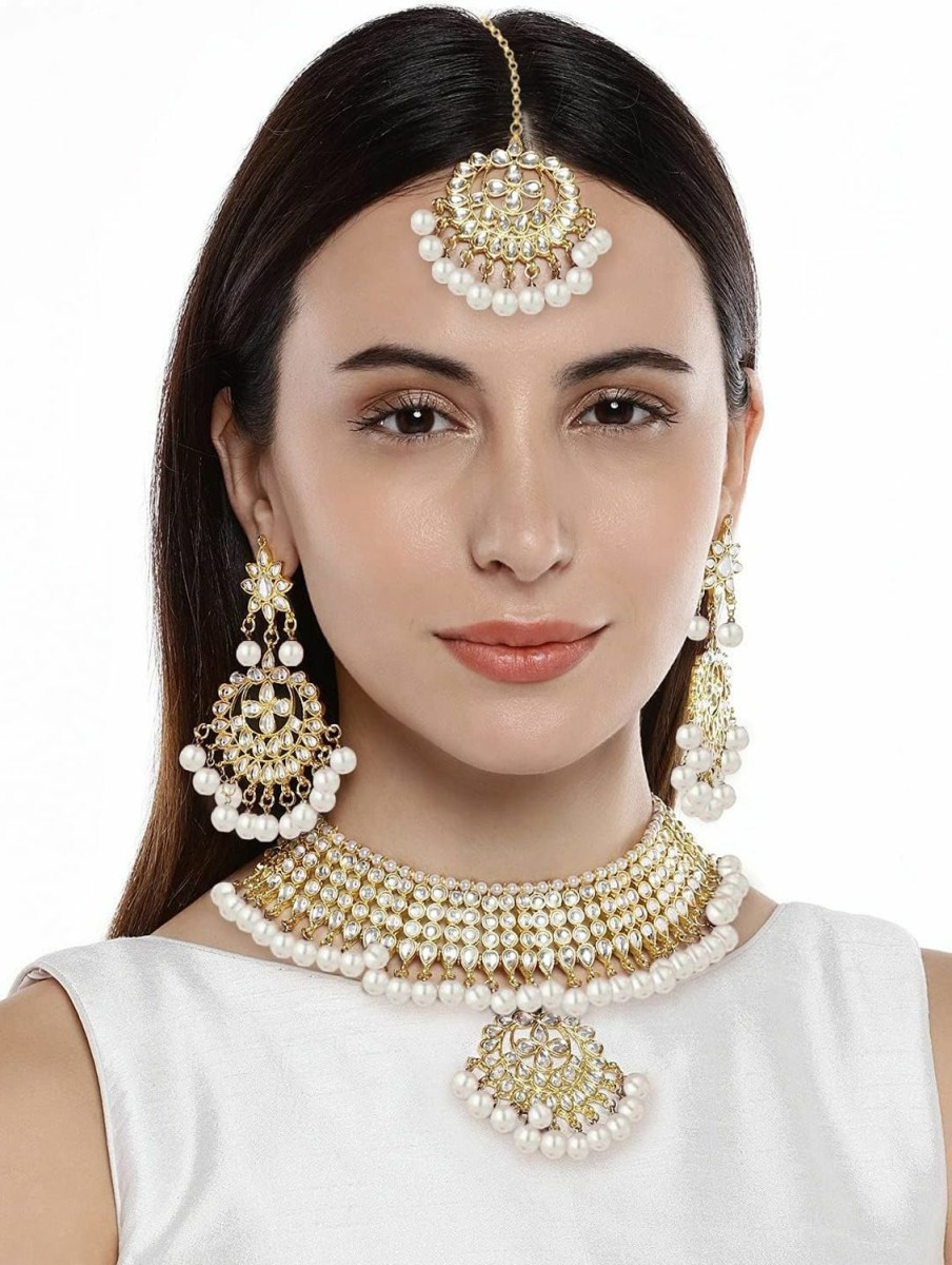 Aheli Aheli Faux Kundan Necklace Earrings Maang Tikka Set Indian Ethnic Wedding Fashion Jewelry Set For Women(White) Jewelry Sets