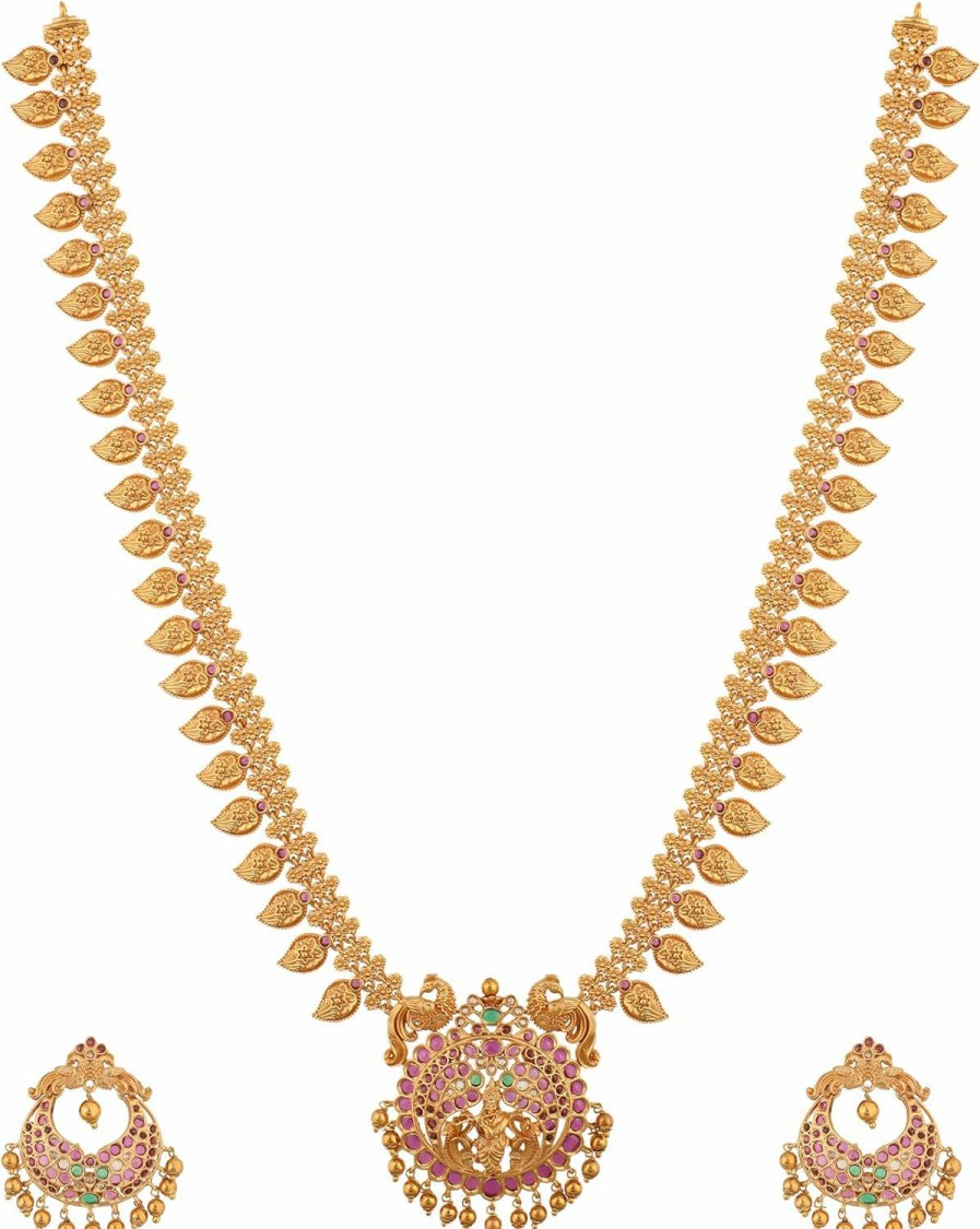 TARINIKA Tarinika Antique Gold Plated Gita Long Necklace Set With Peacock Design - Indian Jewelry Sets For Women | Perfect For Ethnic Occasions | Traditional South Indian Necklace | 1 Year Warranty* Jewelry Sets