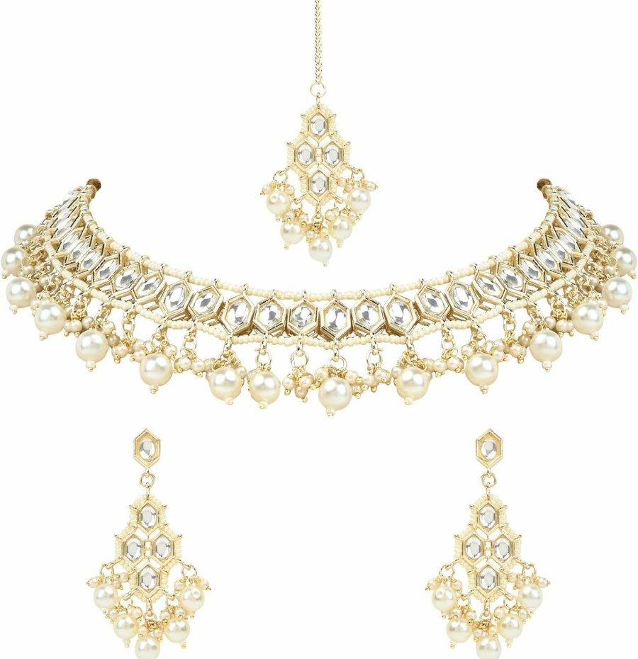 I Jewels I Jewels Gold Plated Kundan Necklace Jewellery With Earrings & Maang Tikka Set For Women And Girls Jewelry Sets