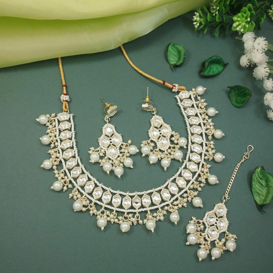 I Jewels I Jewels Gold Plated Kundan Necklace Jewellery With Earrings & Maang Tikka Set For Women And Girls Jewelry Sets