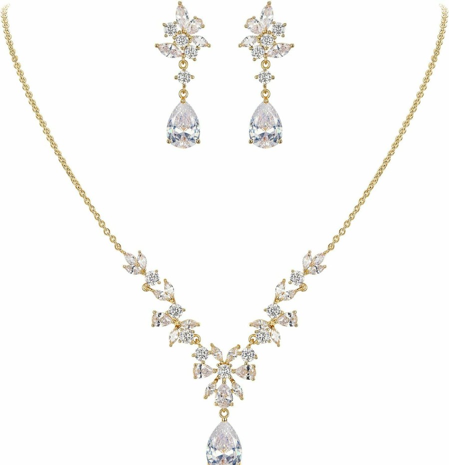 EleQueen Elequeen Women'S Wedding Bridal Jewelry Set For Brides Bridesmaids, Silver/14K Gold/Rose Gold Plated Cubic Zirconia Teardrop Necklace Dangle Earrings Bracelet Sets For Party Prom Jewelry Sets