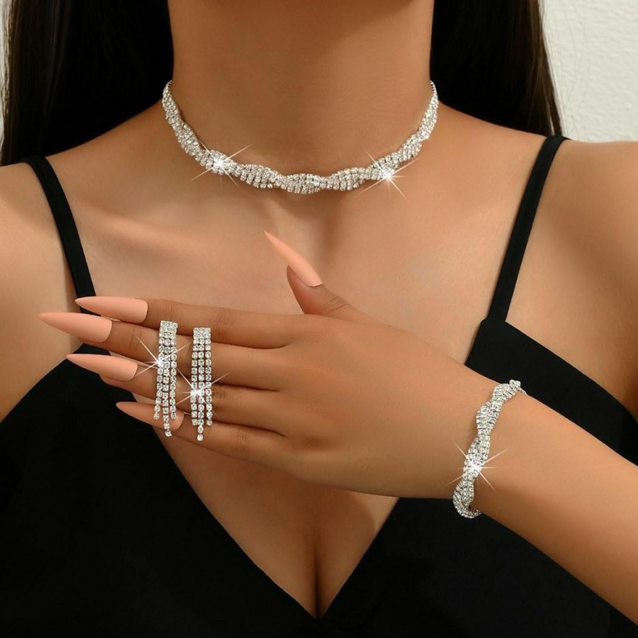 Unicra Unicra Wedding Jewelry Sets Silver Rhinestone Necklace Earrings Bracelet Sets Prom Jewelry Accessories For Women And Girls Jewelry Sets