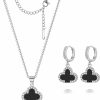 Feasnow Feasnow Lucky Clover Sets Clover Necklace And Hoop Earrings- Black White Green Pendant- 18K Gold Plated Fashion Cute Jewelry For Women Girls Bring Good Luck (Silver-Black) Jewelry Sets