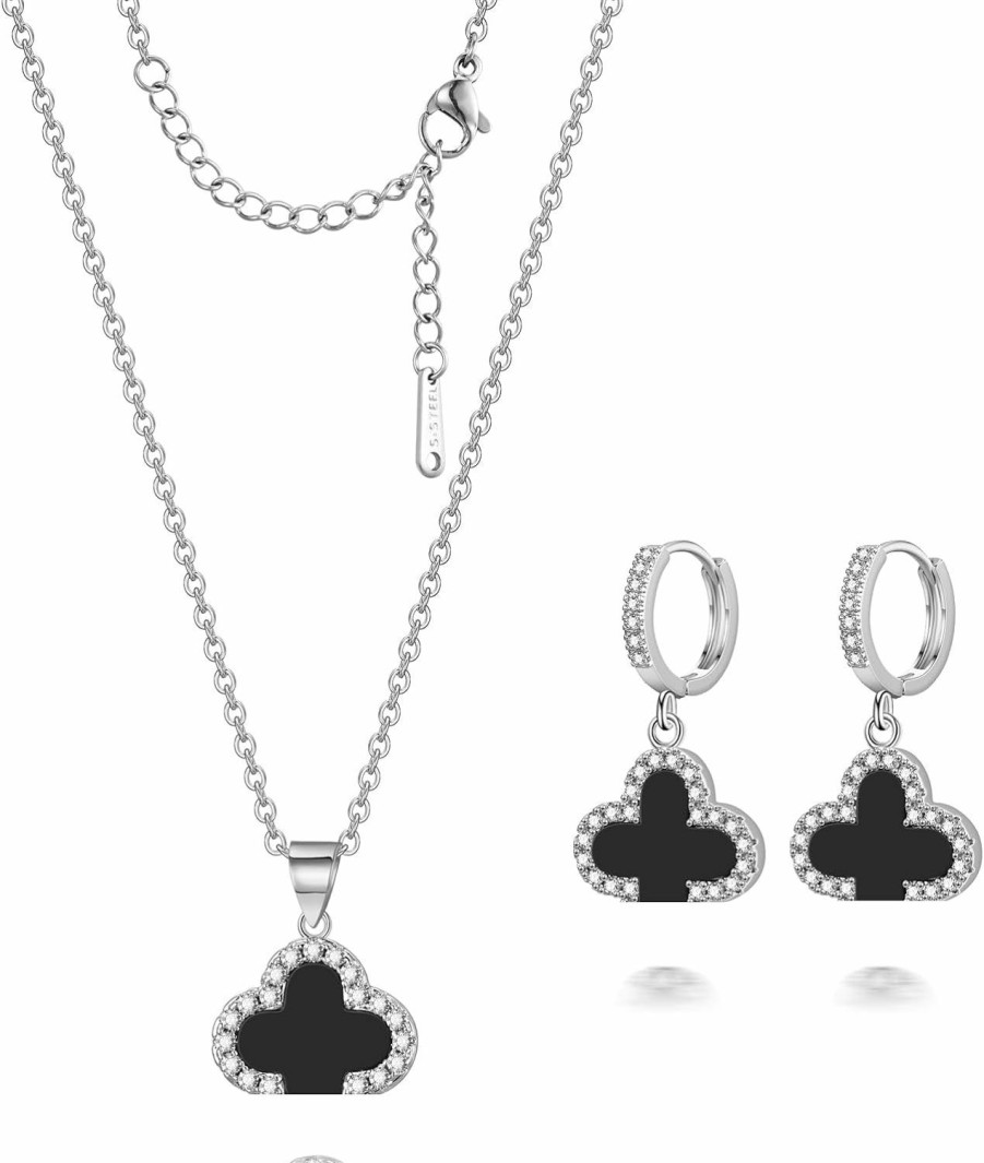 Feasnow Feasnow Lucky Clover Sets Clover Necklace And Hoop Earrings- Black White Green Pendant- 18K Gold Plated Fashion Cute Jewelry For Women Girls Bring Good Luck (Silver-Black) Jewelry Sets