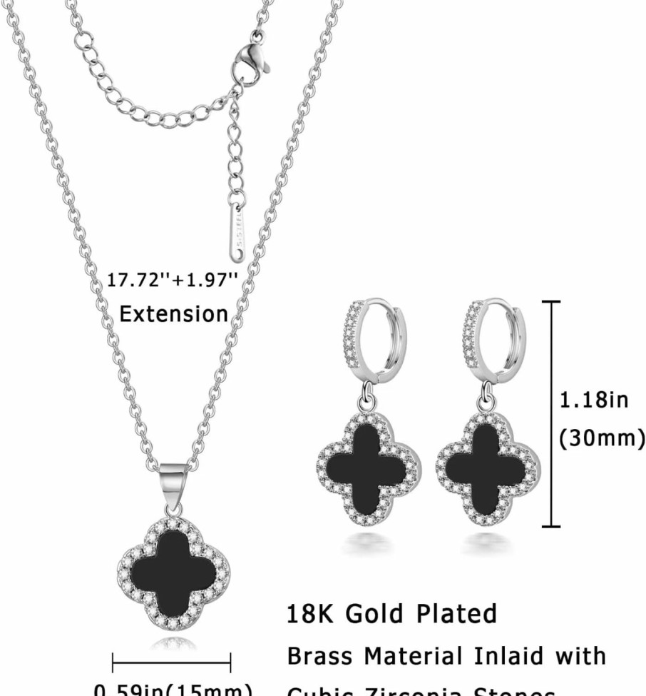 Feasnow Feasnow Lucky Clover Sets Clover Necklace And Hoop Earrings- Black White Green Pendant- 18K Gold Plated Fashion Cute Jewelry For Women Girls Bring Good Luck (Silver-Black) Jewelry Sets