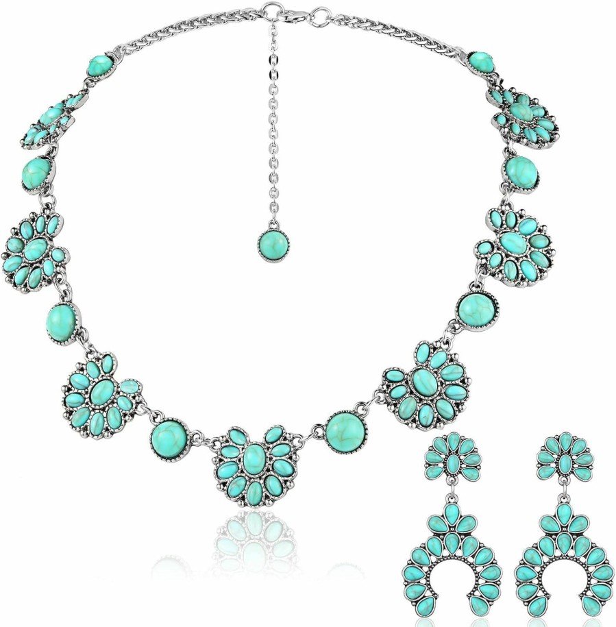 Bonuci Bonuci Women Necklace Set Long Turquoise Beads Endless Vintage Jewelry Simulated Collar Western Necklace Cute Turquoise Jewelry Earring Accessories Jewelry Sets