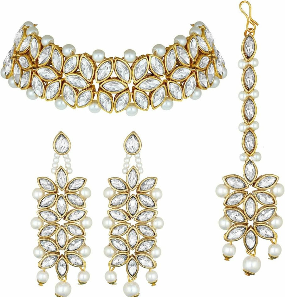 Aheli Aheli Faux Kundan Pearl White Bridal Choker Necklace With Earring Maang Tikka Indian Ethnic Traditional Bollywood Fashion Wear Jewelry Set Gift Jewelry Sets