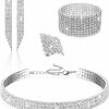 PHOGARY Phogary Women Rhinestone Jewelry Set With Rhinestone Stretch Bracelet Bangle Crystal Rhinestone Necklace Ring Dangle Fringe Earrings For Women Costume Jewelry Bridal Jewelry Fashion Jewelry Sets Jewelry Sets