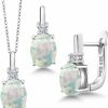 Gem Stone King Gemstoneking White Simulated Opal Jewelry Set - 925 Sterling Silver, Oval Cabochon Pendant, Earrings, 4.85 Cttw, 18 Inch Chain Jewelry Sets