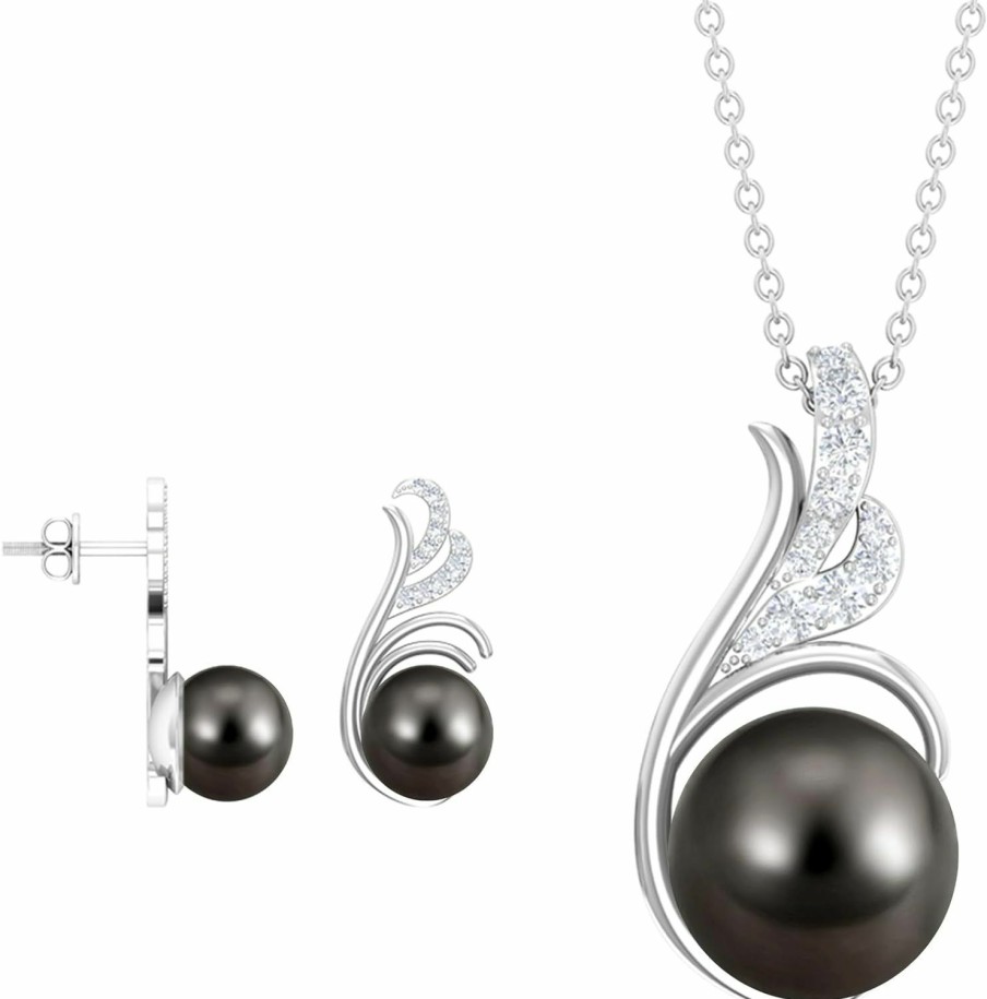 Rosec Jewels Gifts For Mom Necklace, Pearl Pendant Necklace And Earrings Set, 12 Mm Handpicked Natural Aaa Quality Certified Designer Tahitian Black Pearl Jewelry Set For Women Jewelry Sets