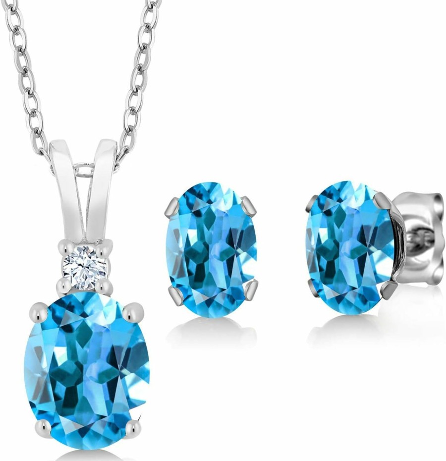 Gem Stone King Gem Stone King 925 Sterling Silver Swiss Blue Topaz Pendant And Earrings Jewelry Set For Women (3.55 Cttw, Gemstone Birthstone, With 18 Inch Silver Chain) Jewelry Sets