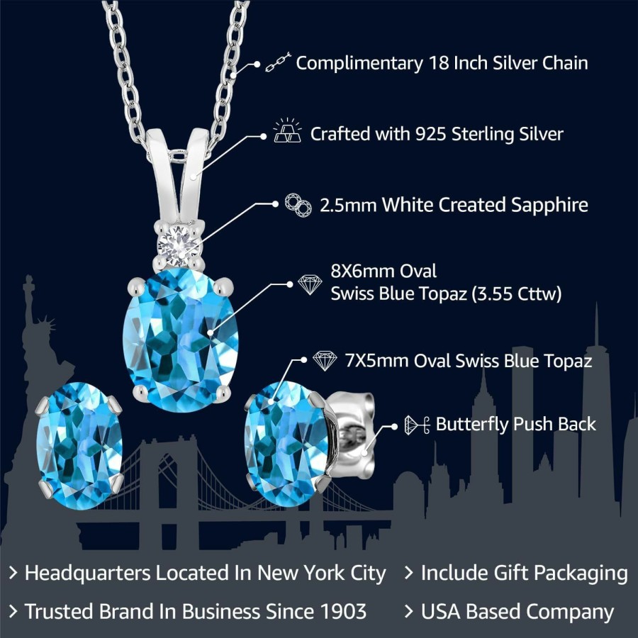 Gem Stone King Gem Stone King 925 Sterling Silver Swiss Blue Topaz Pendant And Earrings Jewelry Set For Women (3.55 Cttw, Gemstone Birthstone, With 18 Inch Silver Chain) Jewelry Sets