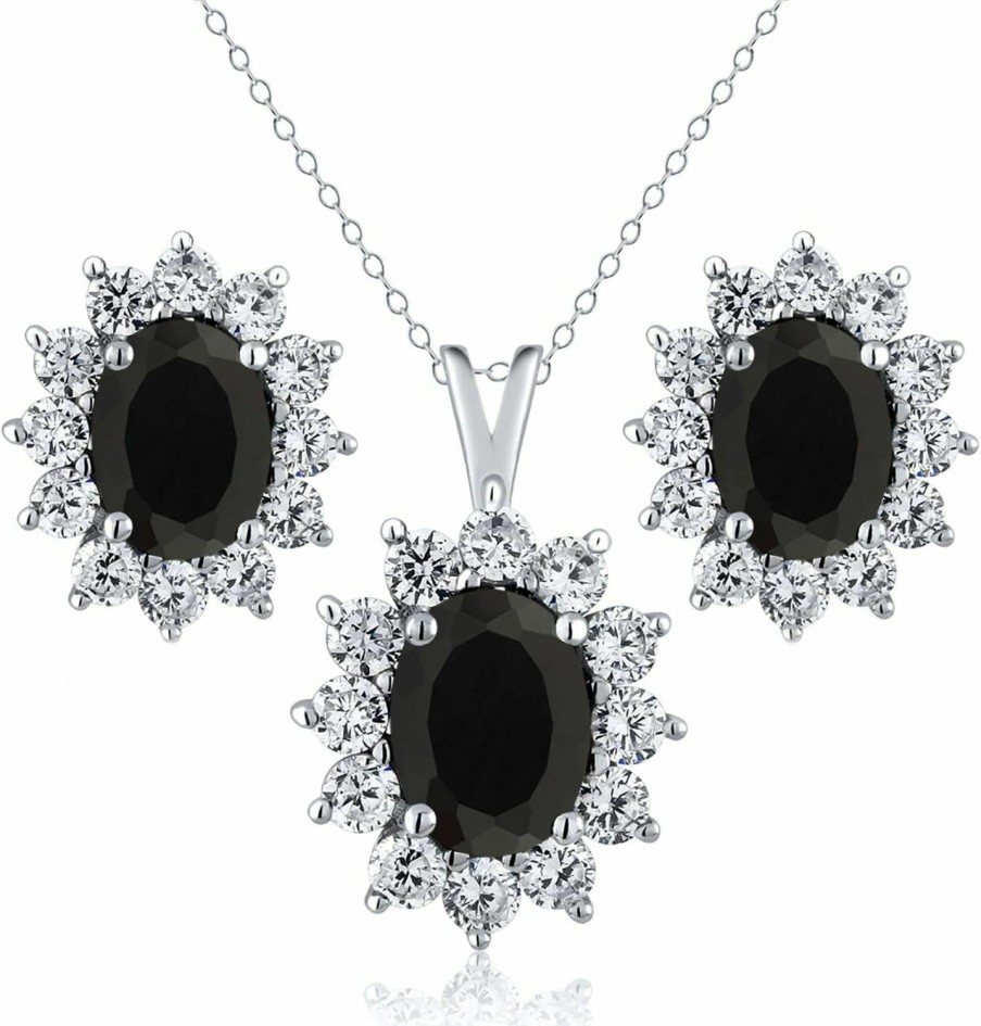 Gem Stone King Gem Stone King 925 Sterling Silver Black Onyx Pendant And Earrings Jewelry Set For Women (3.45 Cttw, Gemstone December Birthstone, Oval 8X6Mm And 7X5Mm, With 18 Inch Silver Chain) Jewelry Sets