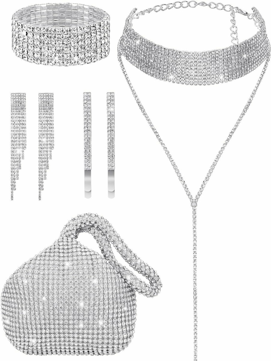 MTLEE Mtlee 7 Pieces Women Rhinestone Jewelry Set Rhinestone Tassel Choker Necklace Bling Clutch Purses Stretch Bangle Bracelet Crystal Dangle Fringe Earrings Crystal Hairpin For Evening Wedding Party Jewelry Sets