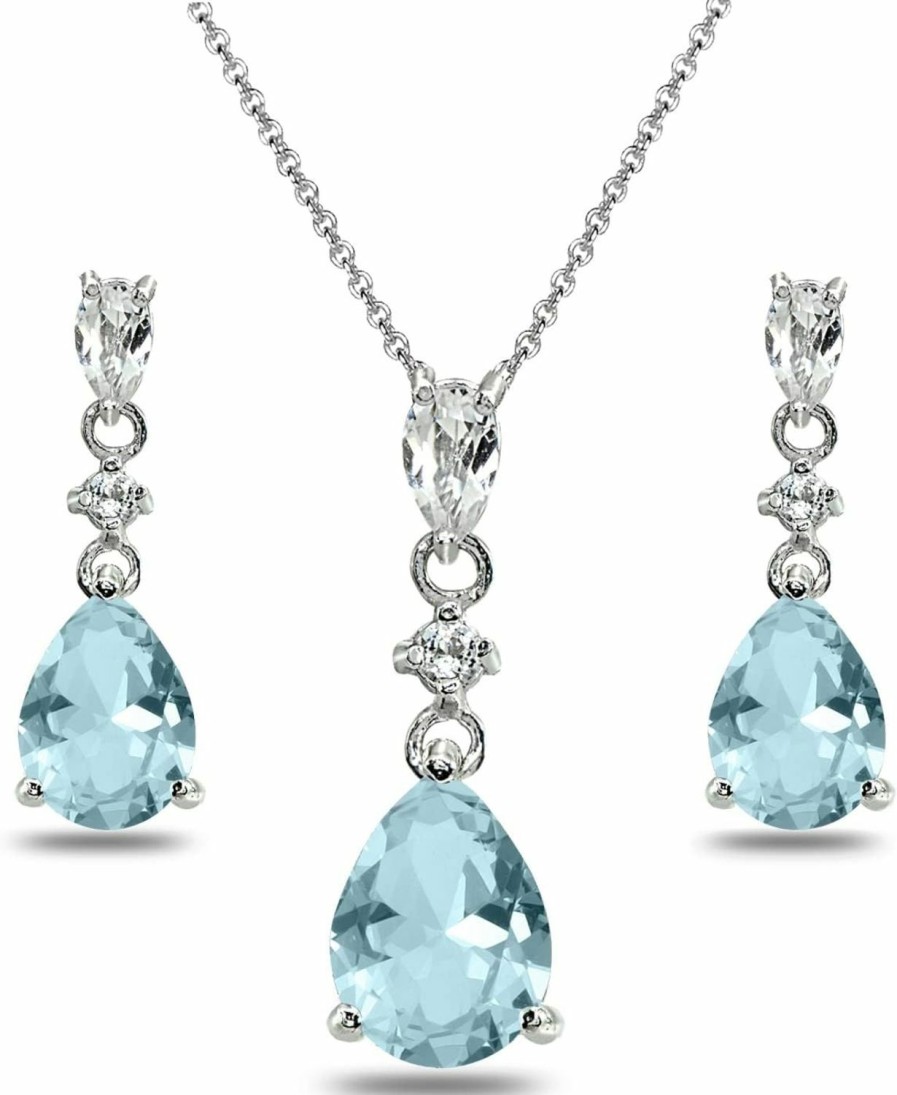 B. BRILLIANT Sterling Silver Simulated Green Aquamarine & White Topaz Pear-Cut Teardrop Dangling Stud Earrings & Necklace Jewelry Set For Women Girls Jewelry Sets