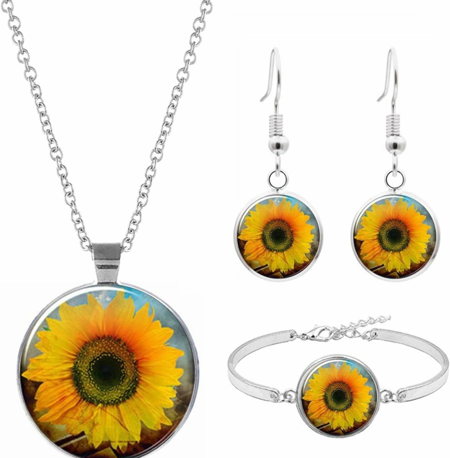 Dcfywl731 Dcfywl731 Sunflower Necklaces Earrings Bracelet Set,Sunflower Pendant Necklace Set For Women Sunflower Pearl Resin Boho Long Drop Handmade Pendant Necklace Jewelry Sets