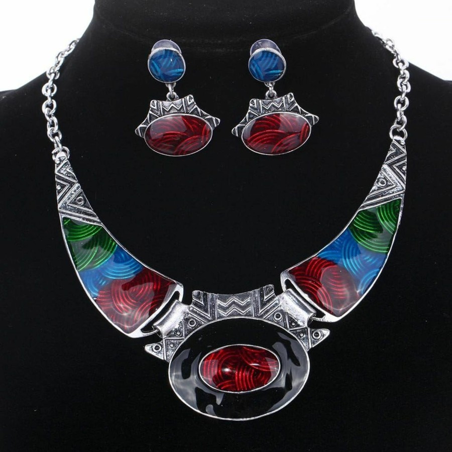 YAZILIND Yazilind Ethnic Color Embossed Oval Gangle Bib Collar Earrings Necklace Jewelry Set Women Jewelry Sets