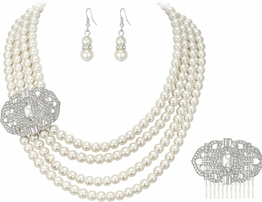 EVER FAITH Ever Faith 1920S Gatsby Jewelry Set For Party, Crystal Simulated Pearl Vintage Inspired Chandelier Necklace Earrings Sets For Woman Jewelry Sets