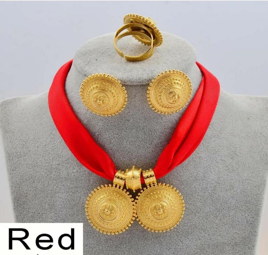 N-Made Beautifull N-Made Beautifull Ethiopian Jewelry For Women Set - Ethiopian Traditional Jewelry - Eritrea Gold Jewelry - Diy Rope Chain Ethiopian Jewelry Set Gold Color Eritrea Ethnic Style Pendant Earrings Ring Jewelry Sets