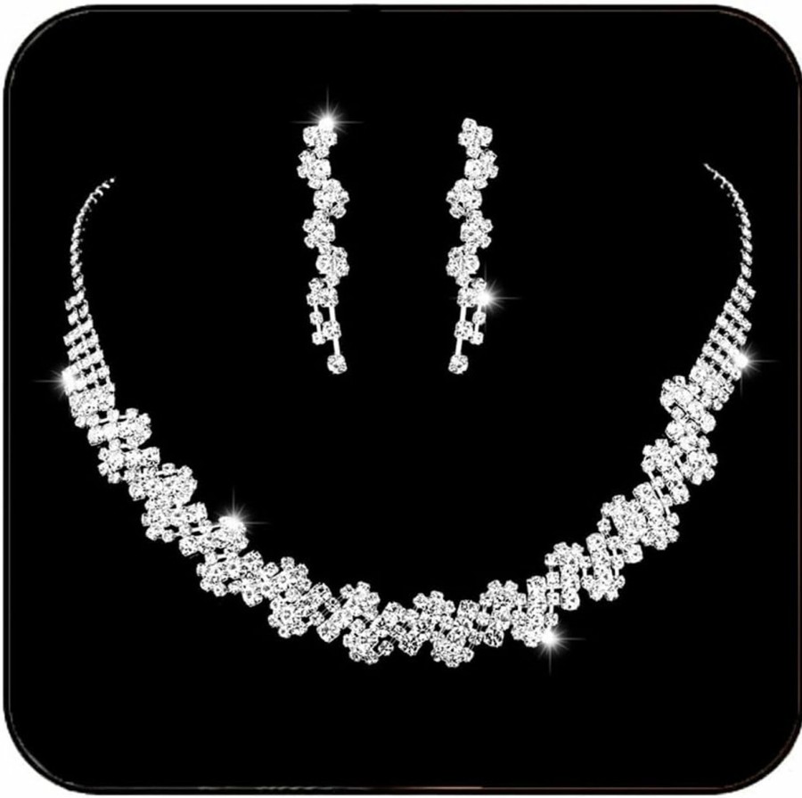 Yean Yean Silver Bride Necklace Earrings Set Crystal Bridal Wedding Jewelry Sets Rhinestone Choker Necklace Prom Costume Jewelry Sets For Women And Girls Jewelry Sets