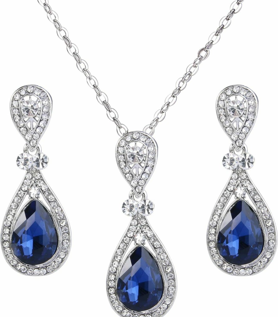 BriLove Brilove Women'S Wedding Bridal Elegant Crystal Teardrop Pendant Necklace Dangle Earrings Set Jewelry Sets