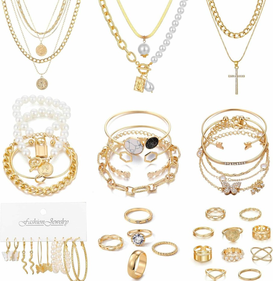 KISS WIFE Kiss Wife Gold Jewelry Set For Women Girls, Multi Layered Necklaces Stackable Bracelets Knuckle Rings And Hoop Earrings Sets, Fashion Vacation Jewelry Costume Jewelry Packs, Gifts For Her Jewelry Sets