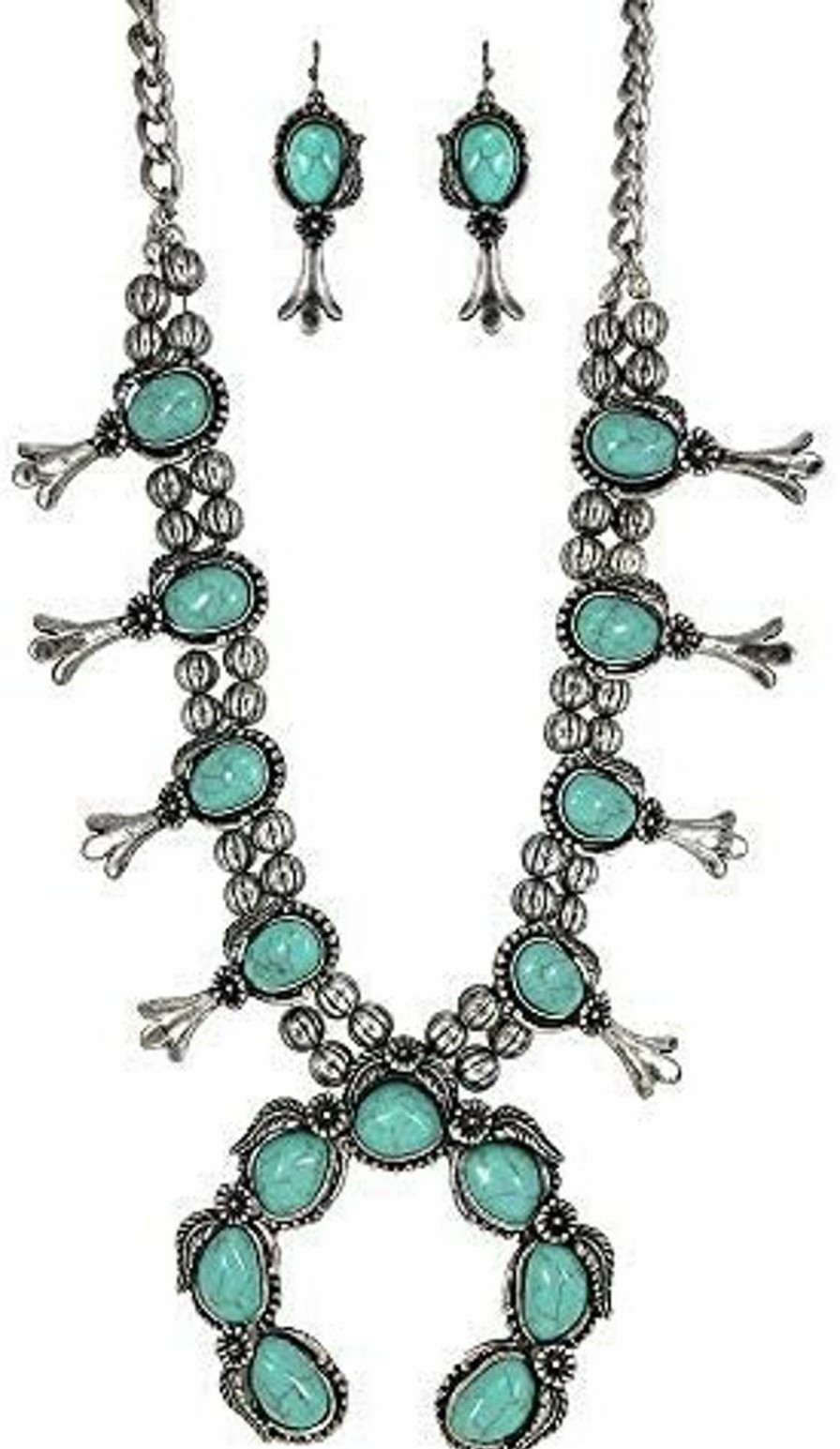 Wonderent Turquoise Vintage Squash Blossom Metal Statement Necklace/W Earrings No.530 Jewelry Sets