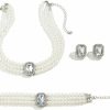 Asphinien Asphinien Vintage 4Pcs Pearl Gemstone Choker Necklaces Earrings Bracelet Set 1920S Costume Party Pearl Jewelry Multilayer Gemstone Rhinestone Elegant Bridal Accessories For Women Jewelry Sets