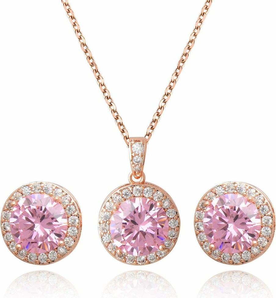 Mycitta Mycitta Bridal Crystal Jewelry Set - Sterling Silver Round Cubic Zirconia Cz Rhinestone Halo Birthstone Pendant Necklace Stud Earrings Set For Wedding Bride Bridesmaids Birthday Gift Jewelry Sets