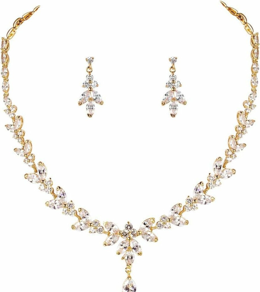 WeimanJewelry Weimanjewelry Silver/Gold/Rose Gold Plated Women Cubic Zirconia Round Cz Marquise Teardrop Bridal Necklace And Drop Earring Set For Bride Wedding Jewelry Sets