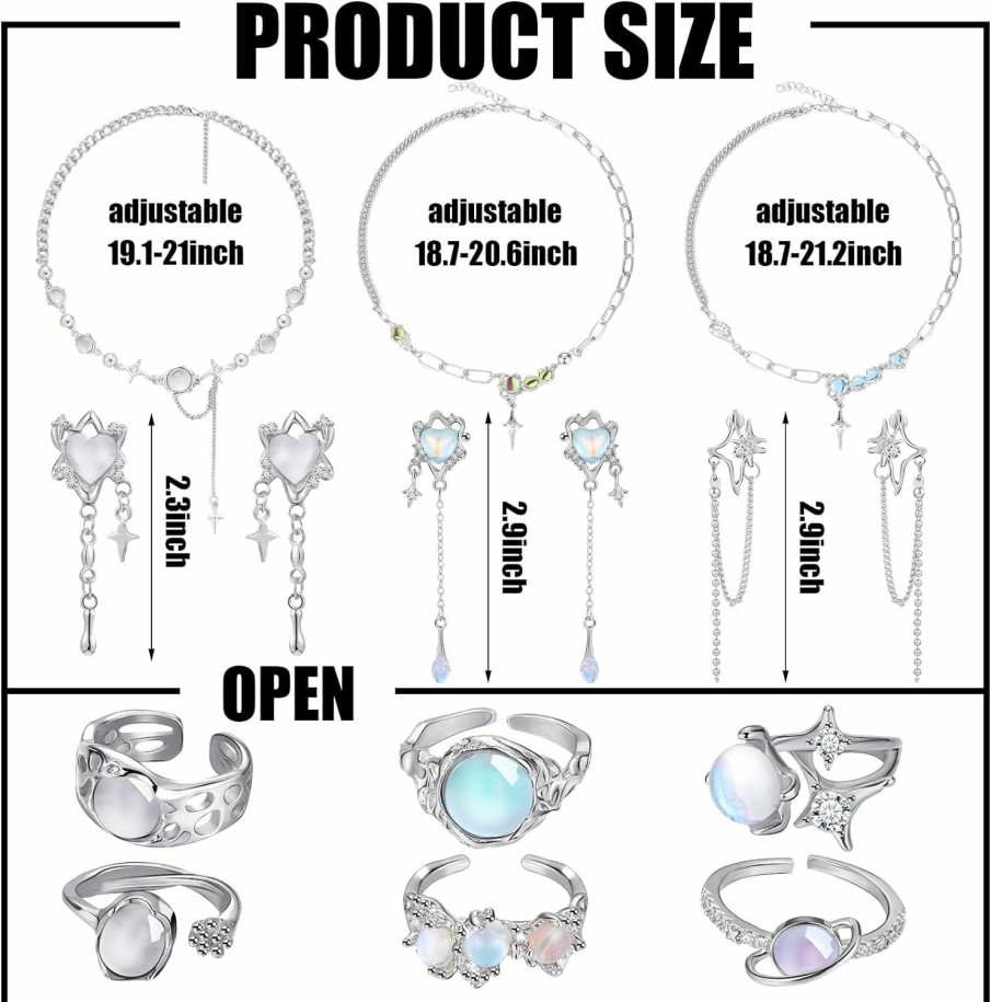 Tondiamo Tondiamo 12 Pcs Y2K Necklace Jewelry Set Y2K Star Moonstone Accessories Irregular Pendant Earrings Dangling Silver Y2K Rings Aesthetic Crystal Jewelry Gifts Indie Punk Rings Adjustable For Women Jewelry Sets