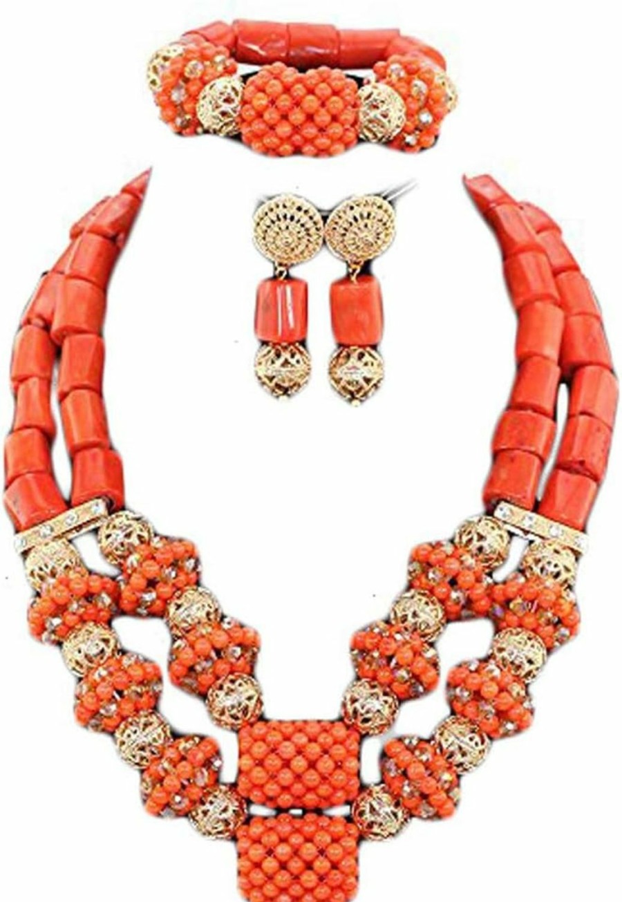 Africanbeads Coral Necklace Bracelet Earrings,Multilayer Statement Choker Necklace,Nigerian Dubai Wedding African Bridal Beads Jewelry Set For Women Jewelry Sets