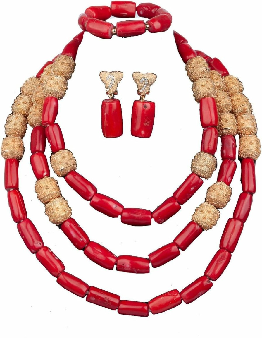 Africanbeads Coral Necklace Bracelet Earrings,Multilayer Statement Choker Necklace,Nigerian Dubai Wedding African Bridal Beads Jewelry Set For Women Jewelry Sets