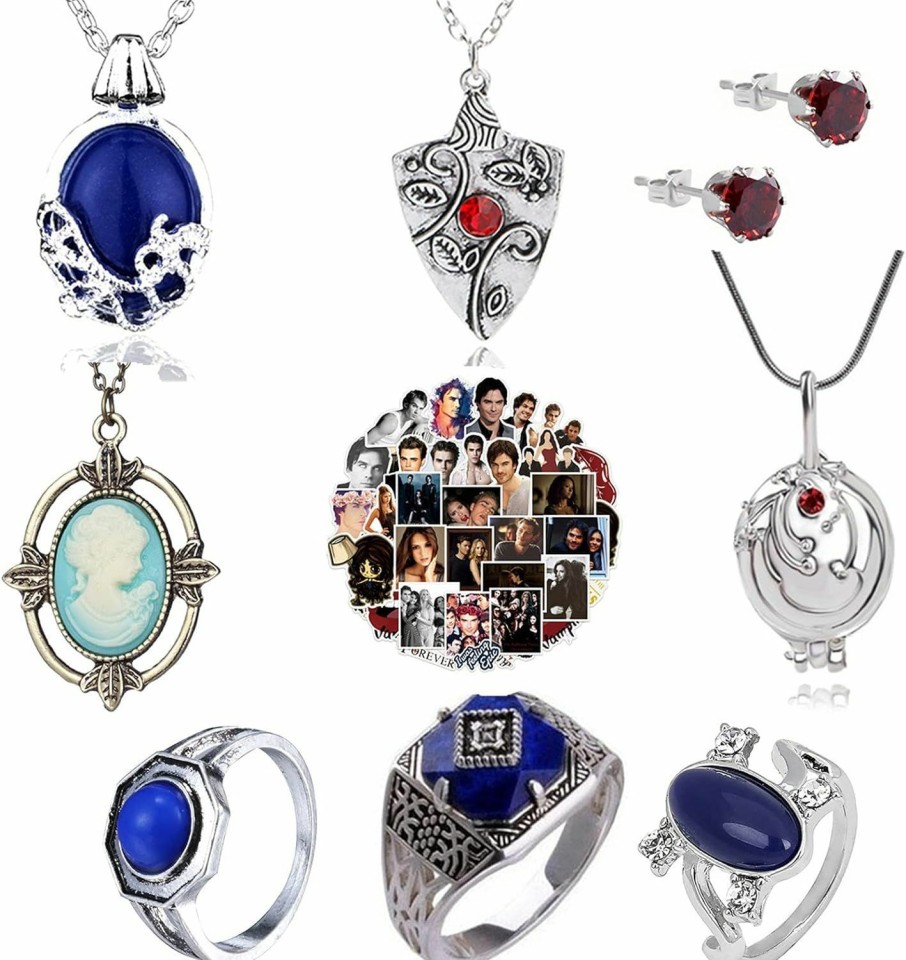 XHBTS Xhbts 19 Set Replace The Vampire Diaries Daywalking Katherine Sapphire Crystal Pendant Necklaces Ring Earrings And 10 Pcs Vampire Diaries Stickers Movie Jewelry Set Cosplay For Fans Jewelry Sets