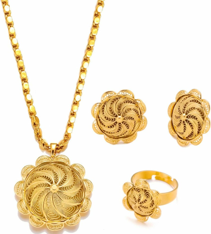 Ethlyn Gold Plated Ethiopian Jewelry Sets For Women Copper Material Habesha Pendant Earrings Ring Jewelry Jewelry Sets