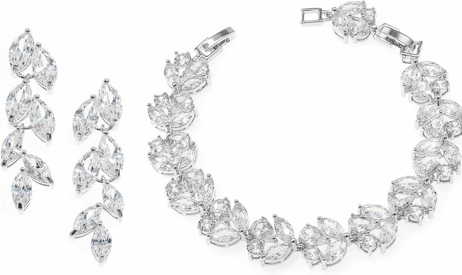 UDYLGOON Udylgoon Udora Cubic Zirconia Leafs Earrings Bracelet Jewelry Set For Bridal Bridesmaid Wedding Prom Jewelry Sets